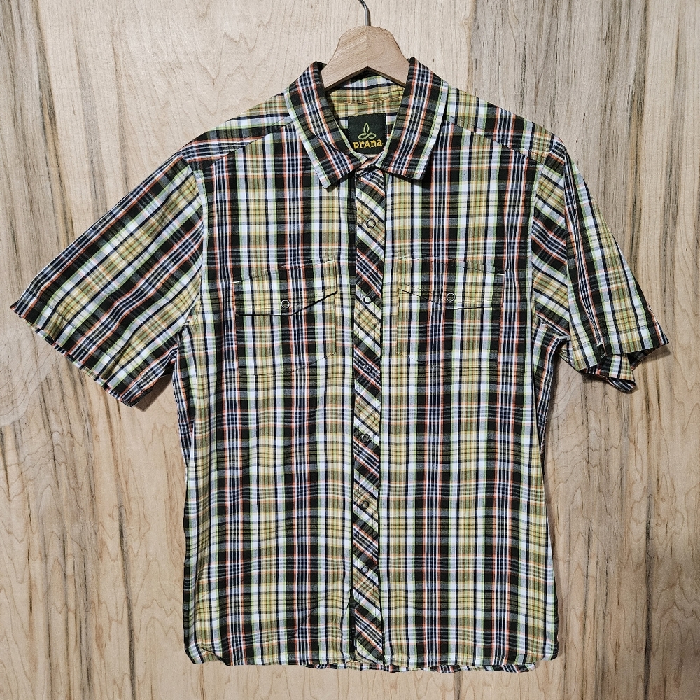 Prana Mens Sz S Multicolor Plaid Short Sleeve Western Style Organic Cotton Shirt